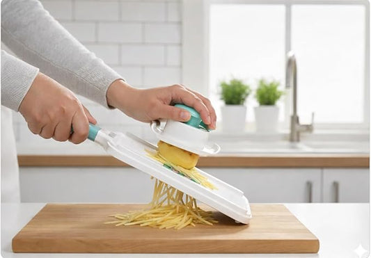 DINM Handheld Mandoline Slicer for Kitchen – Stainless Steel Vegetable Slicer with 3 Interchangeable Blades, Safety Food Holder, Potato, Cucumber & Carrot Cutter