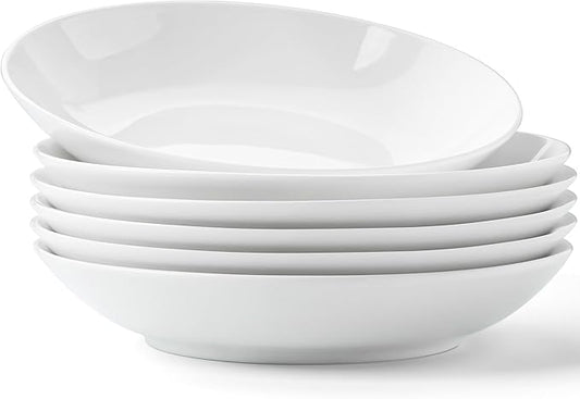 Bone China Pasta Bowls Set of 6, 25.7oz Salad Bowl White Soup Bowls, 8 inch Pasta Bowls Lightweight Wide Shallow Kitchen Plates for Serving Dinner - Microwave Dishwasher Safe, Kitchen Gifts