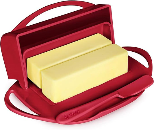Butterie Flip-Top Butter Dish with Lid & Matching Knife, Holds 2 Sticks/European Butter, No-Mess Butter Holder, Shatterproof, Dishwasher Safe, Red