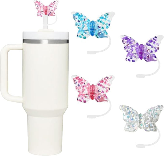 4 Pcs 0.4in Straw Cover for Stanley Cup, Silicone Straw Topper Set for 30&40oz Stanley Tumbler, Fit for 10mm/0.4in Straws (Butterfly)