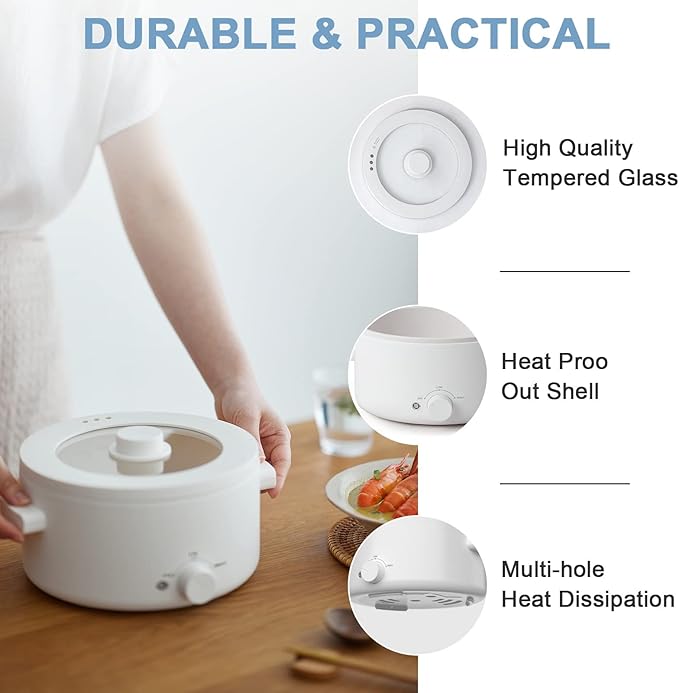 olayks. Hot Pot Electric,2L Ceramic Glaze Non-Stick Pan, Portable Hot Pot with Dual Power Adjustment, Electric Cooker for Egg, Ramen, Oatmeal,Soup Quick Heating and Overheat Protection