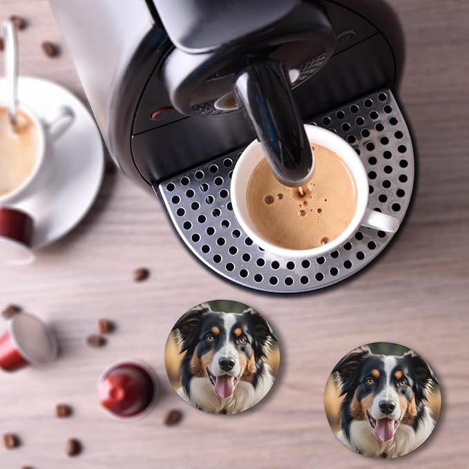 Border Collie Dog Round Coasters Set of 2, Absorbent Ceramic Coaster with Cork Base, Bar Coasters for Drinks Coffee Mugs Tea Cups Wine Glasses Home Decor Gifts (4 inches Diameter)
