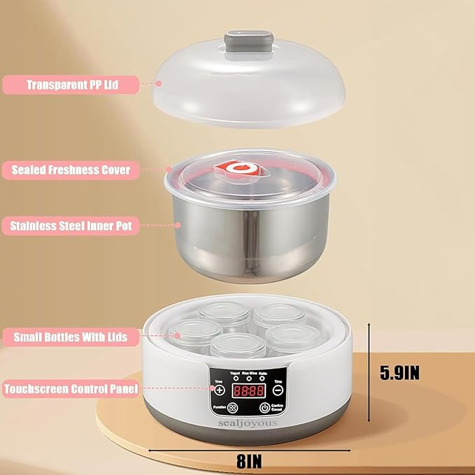 Genuine sealjoyous Yogurt Maker 1-36 hours multi-functional constant temperature yogurt machine,32-45 degrees adjustable, automatic digital LCD display 1.2 liters capacity(With 5 Cups)