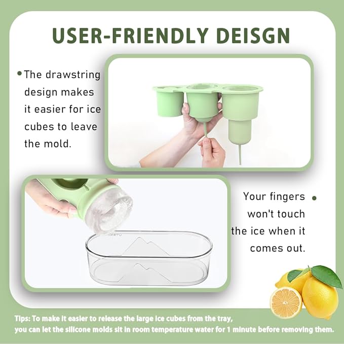 2PC Ice Mold for Stanley Cup 30/40 Oz - Easy Fill and Release Without Touching Ice, Silicone Ice Cube Tray with Clear Lid and Bin for Freezer, Whiskey, Cocktail (Green+Green)