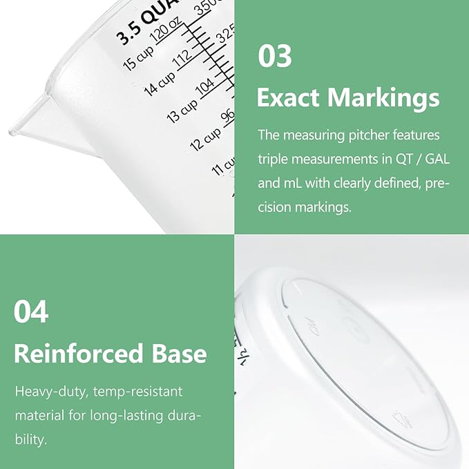 Plastic Measuring Cup with Handle, Pool Chemical Measuring Cup, Plastic Measuring Pitcher for Liquid Mixing, Pouring, Lawn Care, Pet Food, Motor Oil, Laboratory and More (120, Fluid Ounces, 3500ml)