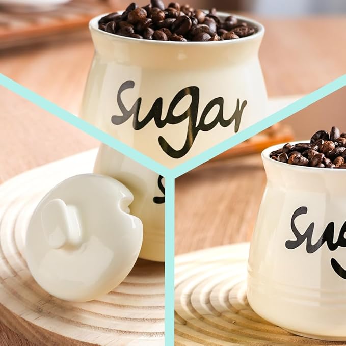Porcelain Sugar Bowl with Lid and Spoon,12 Ounces Ceramic Sugar Jar Sugar Dispenser,Sugar Container for Home and Kitchen Decor (Cream)