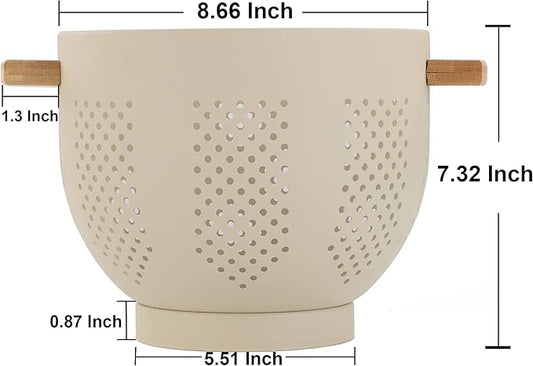 Metal Colander with Wood Handle, 5.5 Quart Powder Coated Steel Large Kitchen Strainer Stable Base,(Sand Yellow, 11.26inch)