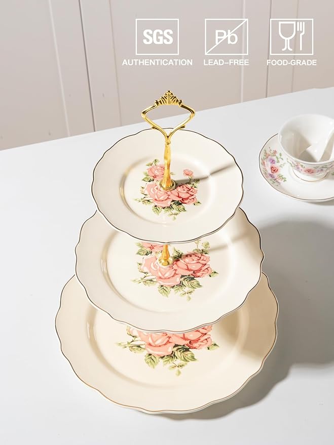 Sweejar 3 Tier Ceramic Cake Stand Wedding, Dessert Cupcake Stand for Tea Party Serving Platter(Rose)