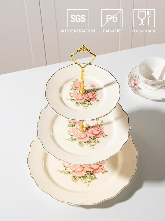 Sweejar 3 Tier Ceramic Cake Stand Wedding, Dessert Cupcake Stand for Tea Party Serving Platter(Rose)