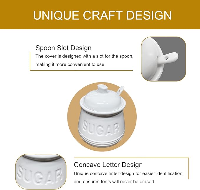Sugar Bowl with Lid and Spoon, Ceramic Sugar Containers for Countertop, Sugar Dish Jar Coffee Bar Accessories, Covered Sugar Holder for Kitchen 12oz, White