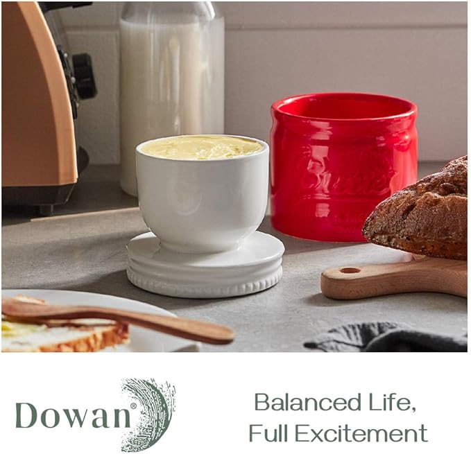 DOWAN Butter Dish for Christmas, Porcelain Butter Keeper Crock, French Butter Dish with Lid, Embossed Butter Container for Soft Butter, Big Capacity & Humanized Water Line, Christmas Gift