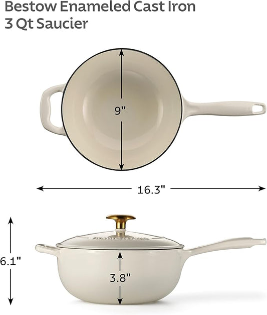 Tramontina Bestow Enameled Cast Iron Saucier Pan with Lid, 3-quart, Latte with Gold Knob
