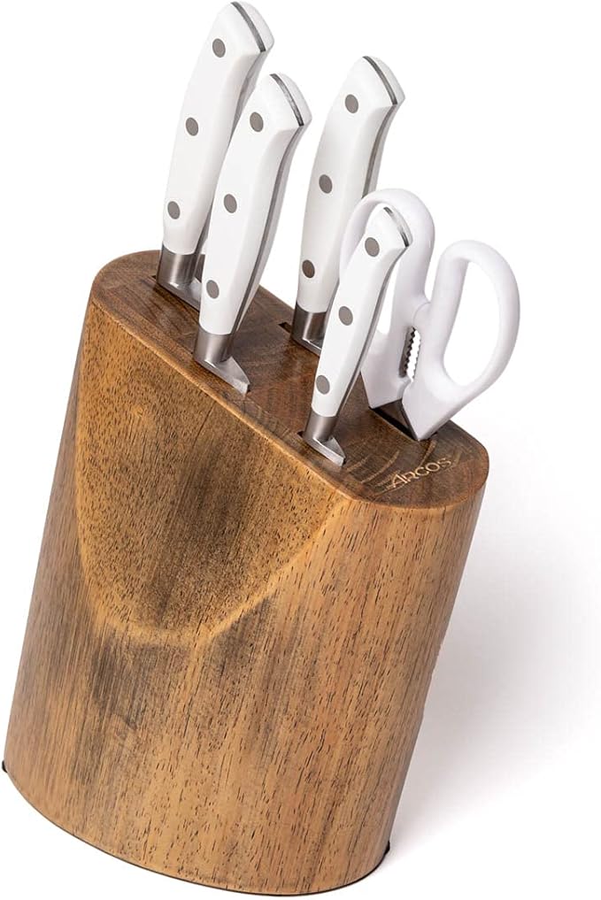 Arcos Forged Knife Block 5 pieces Nitrum Stainless Steel. 4 Professional Kitchen Knives with Ergonomic Polyoxymethylene POM Handle. Series Riviera Blanc. Color White