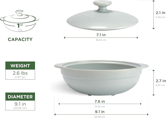 MINH LONG 1-Qt Porcelain Dutch Oven with Lid – Lead & Cadmium Free, Oven Safe to 482°F, Heat Retention, Clay Pot for Cooking on Gas & Infrared Cooktop, Use to Marinate, Cook, Bake, Refrigerate & Serve