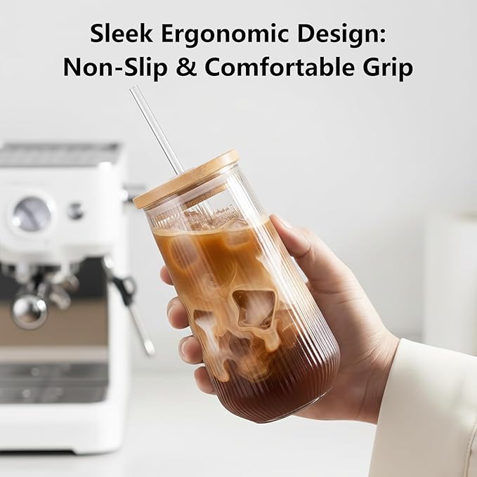 Ruckae Borosilicate Glass Cups with Lids and Straws,16oz Reusable Iced Coffee Cup with Lid Glass Cups 6 Pack for Coffee Bar Accessories,Smoothie,Juice,Durable Clear Tumbler Cups for Home,Office,Travel