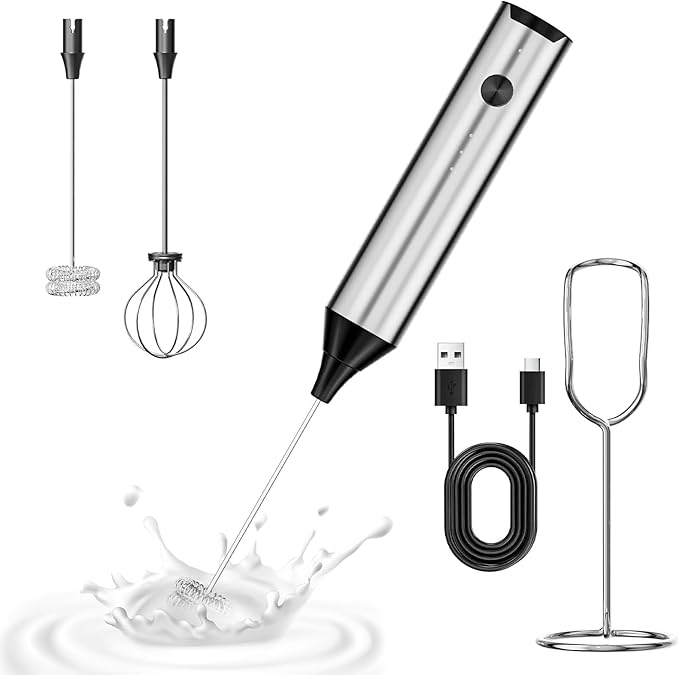 BZPP Kitchen Milk Frother Handheld with Stand, 3 Speeds Adjustable Mixer Electric Handheld Frother Wand, Hand Mixer Matcha Whisk Coffee Stirrers for Matcha, Hot Chocolate, Egg - Stainless Steel