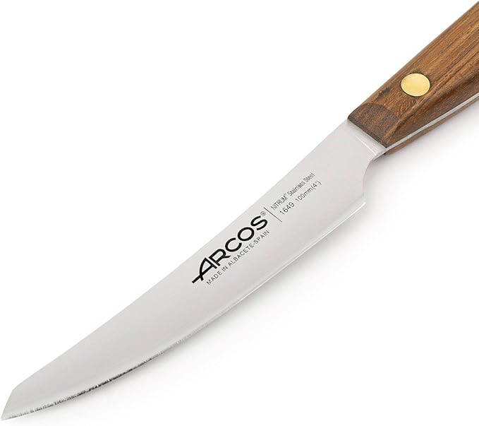 Arcos Steak Knife 4 Inch Stainless Steel. Kitchen Knife for Fish, Meat and Vegetables. Ovengkol Wood Handle 100% natural FSC and 100mm Blade. Series Nordika. Color Brown.