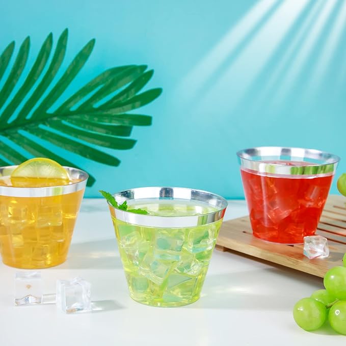 WELLIFE 120PCS Silver Disposable Plastic Cups,9 oz Clear Plastic Cups,Disposable Wine Glasses for Party