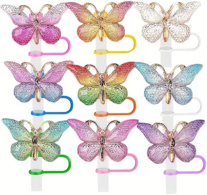 9Pcs Butterfly Straw Topper, 10mm (0.39inch) Silicone Covers for Stanley Cup, Colorful Butterfly Caps for 40 Oz & 30 Oz Accessories, Straw Tips Lids