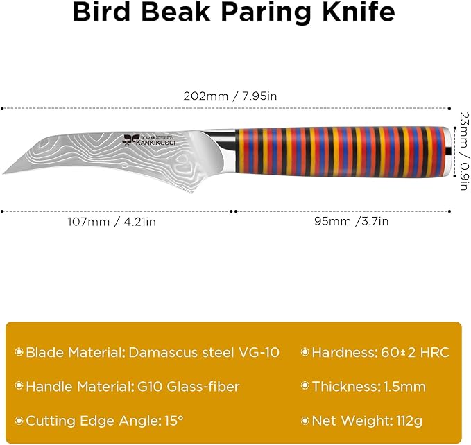 KANKIKUSUI Paring Knives Damascus Forged, 3.9" Fruit Knife, Japanese VG-10 Super Steel 67 Layer Damascus Steel, Fiberglass Cloth and Epoxy Resin Composite Handle