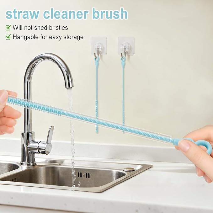Silicone Straw Cleaner Brush, 4-Piece Reusable Straw Brush Set with Extra-Long Design for Cleaning Thin Metal Straws and Wider Milkshake Straws （6mm+9mm Blue)