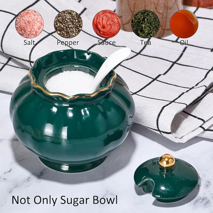 Sugar Bowl with Lid and Spoon, Ceramic Sugar Bowl, 9oz Sugar Jar for Coffee Bar, Spice Box Sugar Containers for Seasoning, Sauce, Elegant Decor for Kitchen Countertop