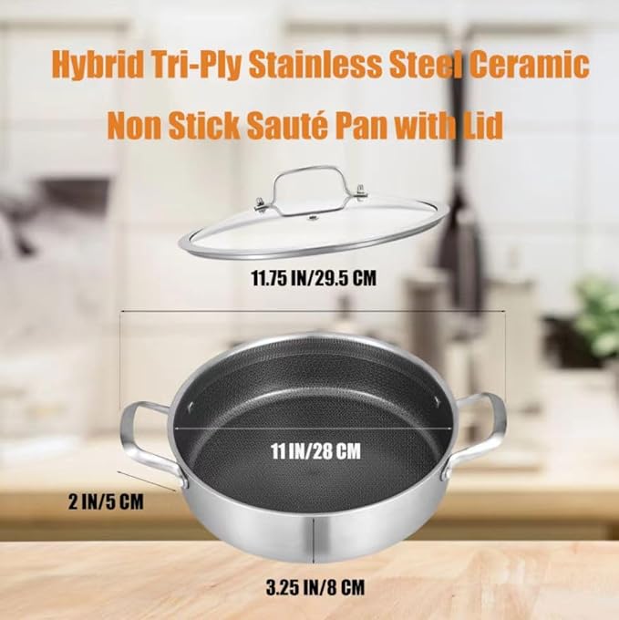 Inqibee 5 QT Hybrid Tri-Ply Stainless Steel Ceramic Non Stick Sauté Pan with Lid,Induction Cooking Pot,Large Skillet,Dishwasher and Oven Safe