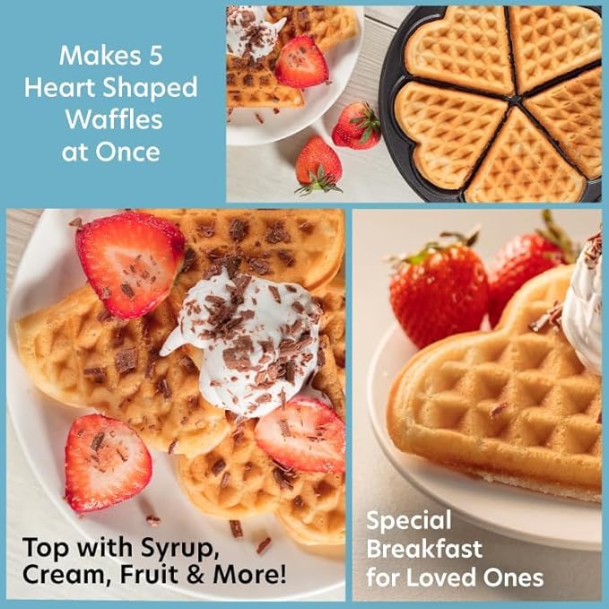 Heart Waffle Maker- Make 5 Mini Heart Shaped Waffles, Special Loved Ones Breakfast- Easy Clean Non-stick Baker, Electric Waffler Griddle Iron with Adjustable Temperature Control- Mother's Day Gift