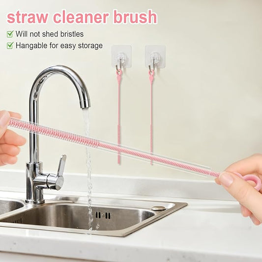 Silicone Straw Cleaner Brush, 4-Piece Reusable Straw Brush Set with Extra-Long Design for Cleaning Thin Metal Straws and Wider Milkshake Straws （6mm+9mm Pink)