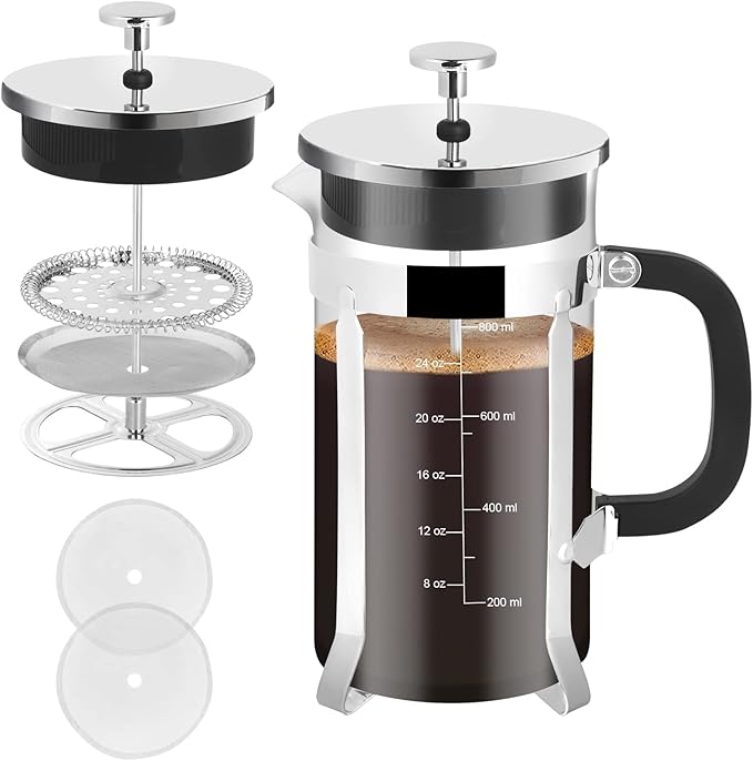 Nukeekee French Press Coffee Maker,34oz 304 Stainless Steel with 2 Filter, Heat Resistant Durable, Easy to Clean, Borosilicate Glass Press, BPA Free Glass TeaPot-34 Ounce 1 Liter (Chrome)