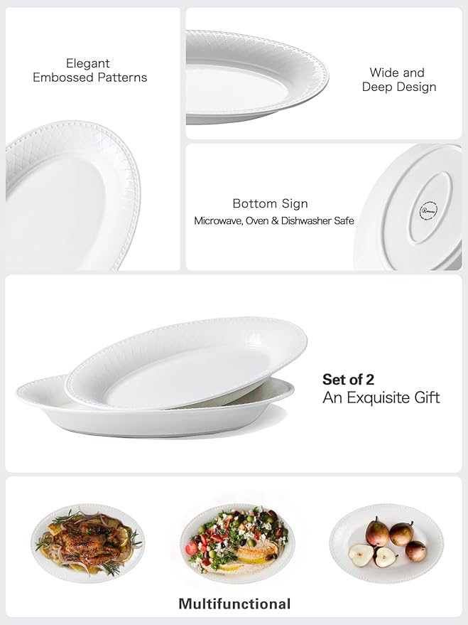 Kanwone Ceramic Large Serving Bowls, Oval Serving Platters for Entertaining, 13" Porcelain Serving Dishes for Dinner, Pasta, Salad, Turkey, Fruit, Bread, Appetizers, Microwave Safe, White, Set of 2