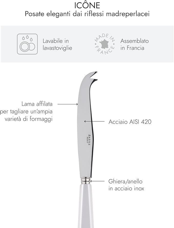 SABRE PARIS - Cheese Knife 9.4 inches - Icône Collection - All Cheeses - Stainless Steel & Acrylic - Dishwasher Safe - White