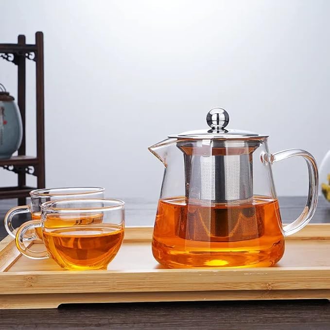 Glass Kettle Teapot for Gas Stove – Borosilicate Tea Pot with Stainless Steel Infuser, Heat-Resistant & Stovetop Safe, Loose Leaf & Blooming Tea – Set with 4-150ml Cups (750ML + 4Cup)