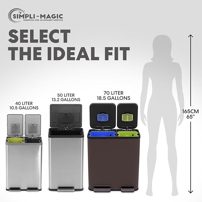 Simpli-Magic 70 Liter / 18.5 Gallon Rectangular Hands-Free Dual Compartment Recycling Kitchen Step Trash Can with Soft-Close Single Lid, Stainless Steel (40L x 30L Capacity), Brown