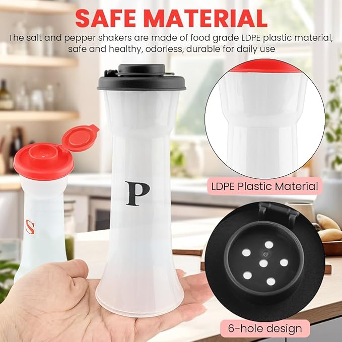 Salt and Pepper Shaker Set, Plastic Salt and Pepper Shaker Set with Lids,Airtight Spice Jar Dispenser for Restaurant Cleaning Brush Camping Home Kitchen Picnic (COLOR:Black+Red)