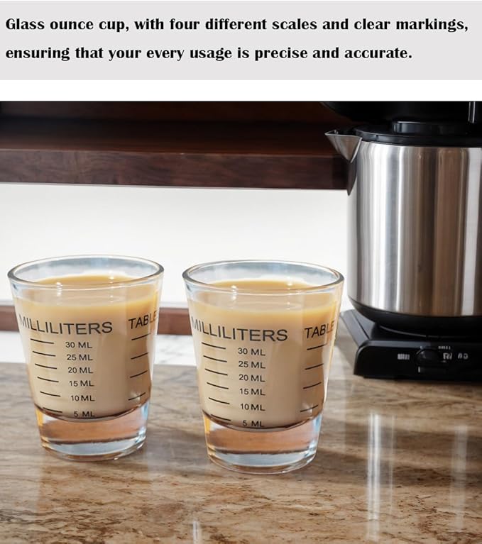 2 Pack Shot Glasses Measuring Cup 1 Ounce/30ml, Espresso Shot Glass Liquid Heavy Wine Glass with 4 Kind of Scale (Ounce/ML/TSP/TBSP) Kitchen Tool