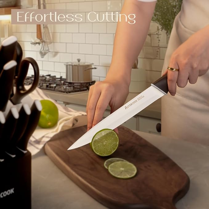 Astercook Knife Set, Kitchen Knives with Block and Sharpener Ceramic Coating 15 Pcs German Stainless Steel Knives Sharp Blade Dishwasher Safe Deba Knives with Ergonomic Handle, Elegant Black