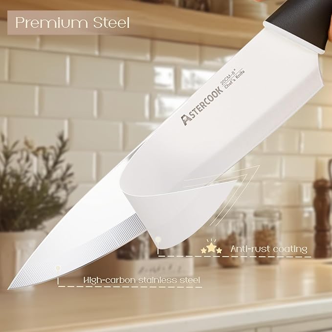 Astercook Knife Set, Kitchen Knives with Block and Sharpener Ceramic Coating 15 Pcs German Stainless Steel Knives Sharp Blade Dishwasher Safe Deba Knives with Ergonomic Handle, Elegant Black