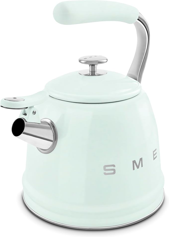 SMEG Stovetop Whistling Kettle – 50s Retro Style, 2.3 Liter (10 Cup / 2.4 Quart) Stainless Steel Tea Kettle with Iconic Design & Whistle – Premium Kitchen Statement Piece-Pastel Green