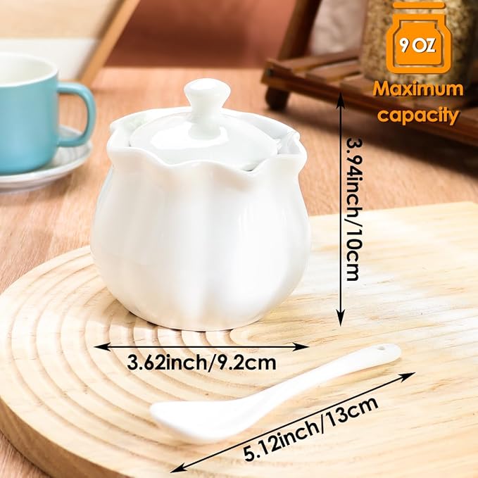 Ceramic Sugar Bowl with Lid and Spoon, Flower-Shaped Porcelain Salt Storage Jar, White Seasoning Container for Home and Kitchen, 9 Ounces
