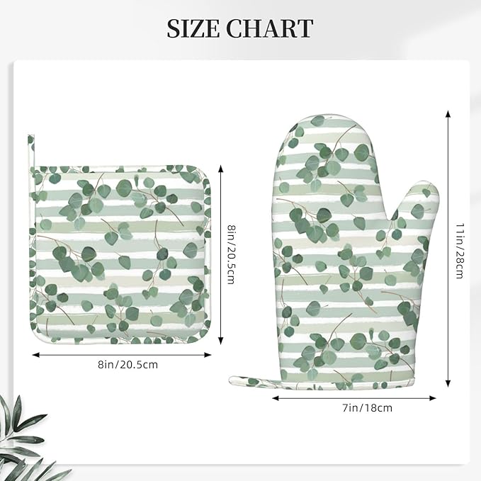 Eucalyptus Branches Silicone Oven Mitts and Pot Holders Sets Green Tropical Leaves Watercolor Kitchen Mitts Potholder Kitchen Accessories for Cooking Baking BBQ