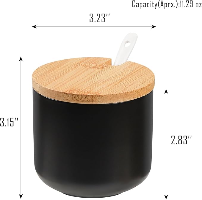 VanEnjoy Black Sugar Bowl with Lid 10oz Ceramic Sugar Bowl Salt Cellar with Lid and Spoon Salt Jar for Seasoning Sugar Container with Spoon
