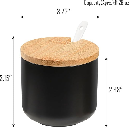 VanEnjoy Black Sugar Bowl with Lid 10oz Ceramic Sugar Bowl Salt Cellar with Lid and Spoon Salt Jar for Seasoning Sugar Container with Spoon
