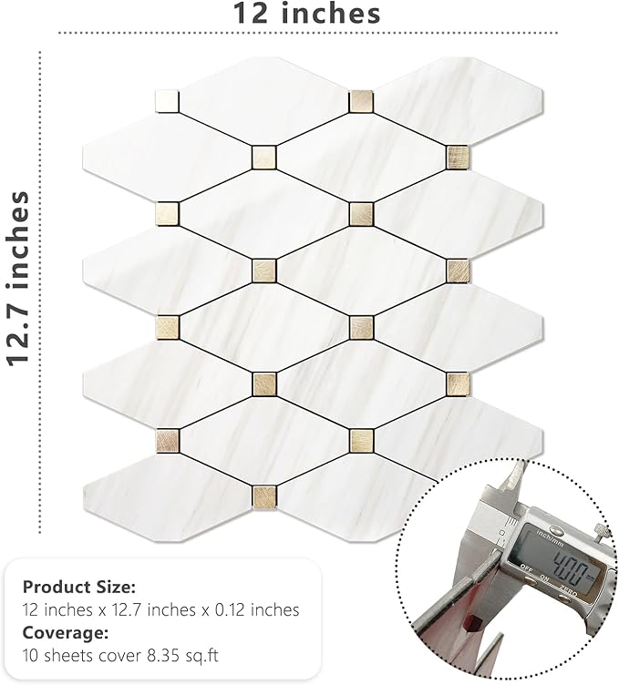 STICKGOO 1 Sheet Peel and Stick Backsplash, Polished Dolomite PVC Mixed Metal Gold Kitchen Backsplash, Stick on Backsplash Wall Tiles for Kitchen, Bathroom, RV