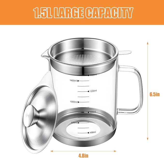 Glass Bacon Grease Container with Strainer Cooking Oil Storage Can Food Strainers with Stainless Steel Filter Lid Silicone Nonslip Pad for Storing Fats Frying Oil Cooking Grease(1.5l / 50oz)