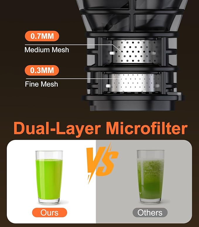 URVIBY Juicer Machines, 5.3" Large Feed Chute Cold Press Juicer with Double Press Technology, 400W Motor, High Juice Yield, Easy to Clean, Masticating Juicer for Whole Vegetables & Fruits, Black