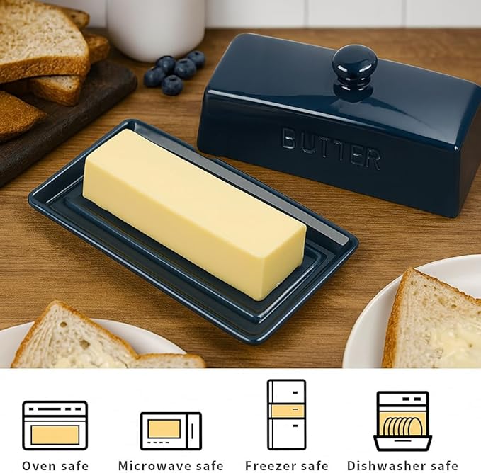 Butter Dish With Lid, WERTIOO Porcelain Butter Keeper With Handle Cover French Butter Dish with Stainless Steel 3 in 1 Butter Spreader Container for Countertop, Dark Blue