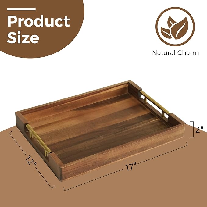 Acacia Wood Serving Tray with Golden Handles, 17 Inch Wooden Tray for Ottoman, Breakfast, Lunch, Dinner, Decorative Rectangular Tray for Living Room, Kitchen Counter, Outdoor