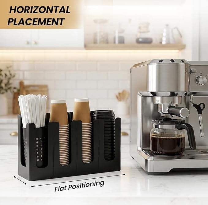 Coffee Cup & Lid Dispenser with Straw Organizer for Countertop – 4 Level Adjustable Paper Cup Holder for Coffee Bar, Café & Restaurant