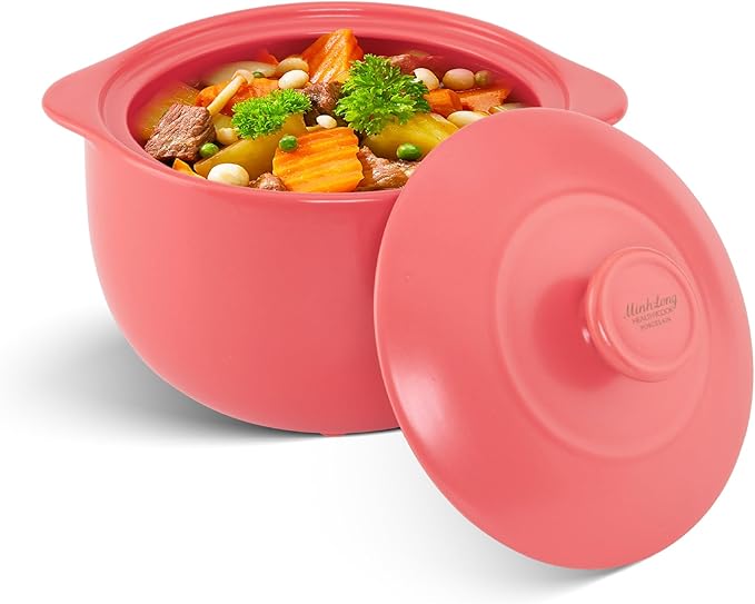 MINH LONG 3-Qt Porcelain Dutch Oven with Lid – Lead & Cadmium Free, Oven Safe to 482°F, Heat Retention, Clay Pot for Cooking on Gas & Infrared Cooktop, Use to Marinate, Cook, Bake, Refrigerate & Serve